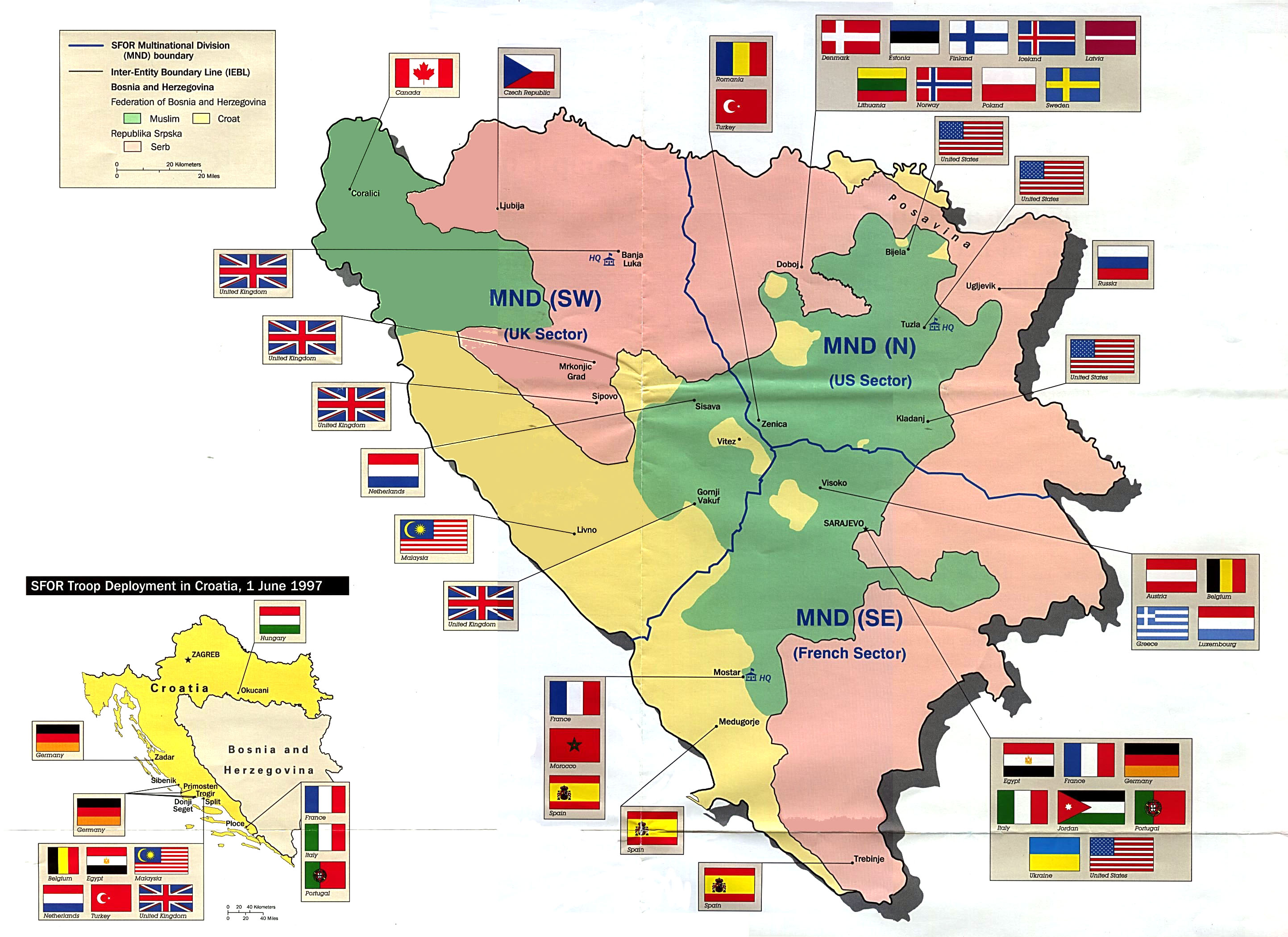 Mapa De Despliegue De Tropas Del SFOR Bosnia Y Herzegovina 1997