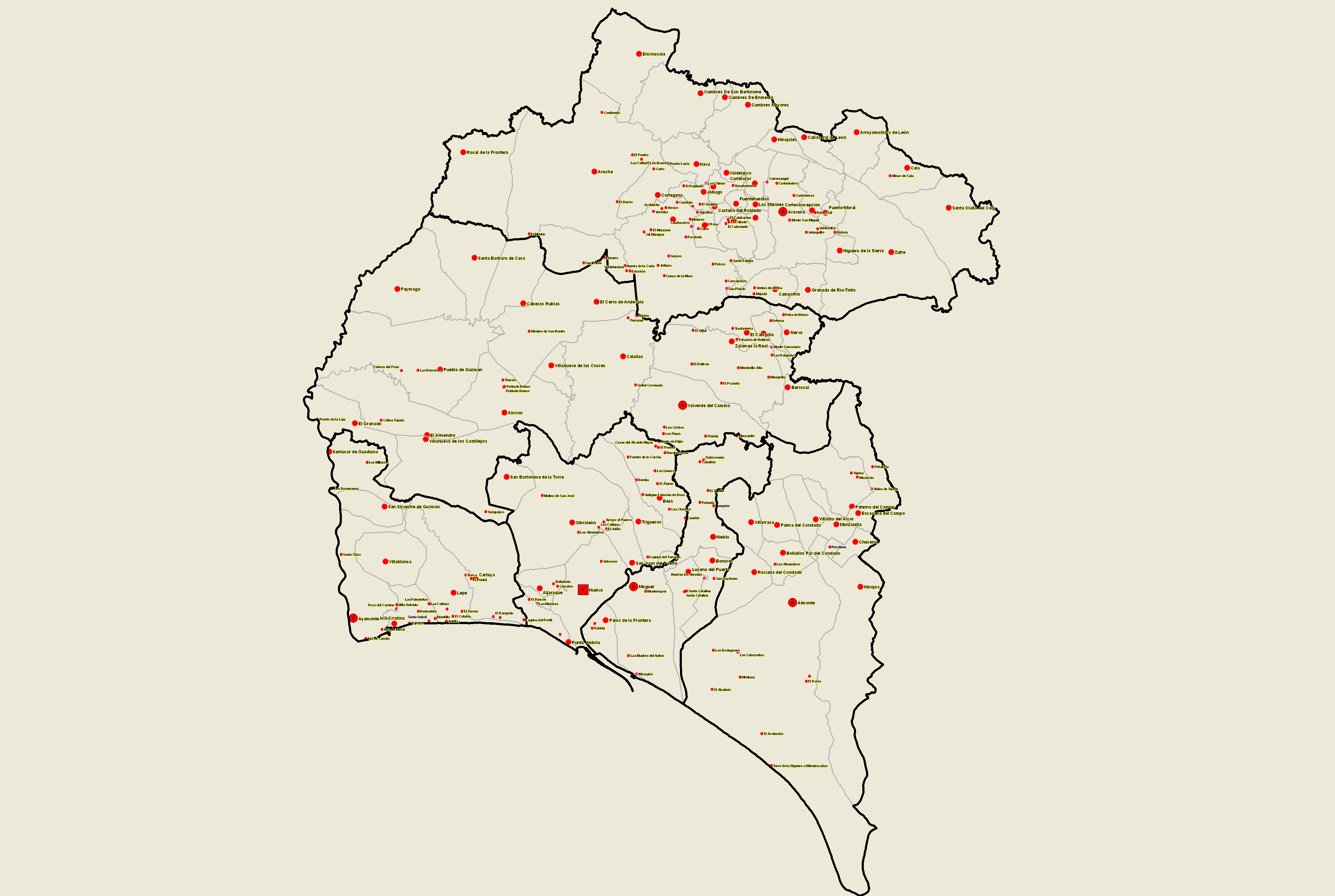 Núcleos de población de la provincia de Huelva 2008 Tamaño completo