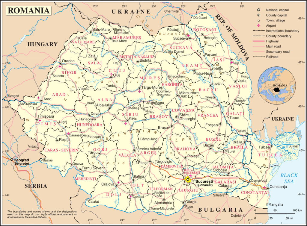 Carte des principales villes de Roumanie