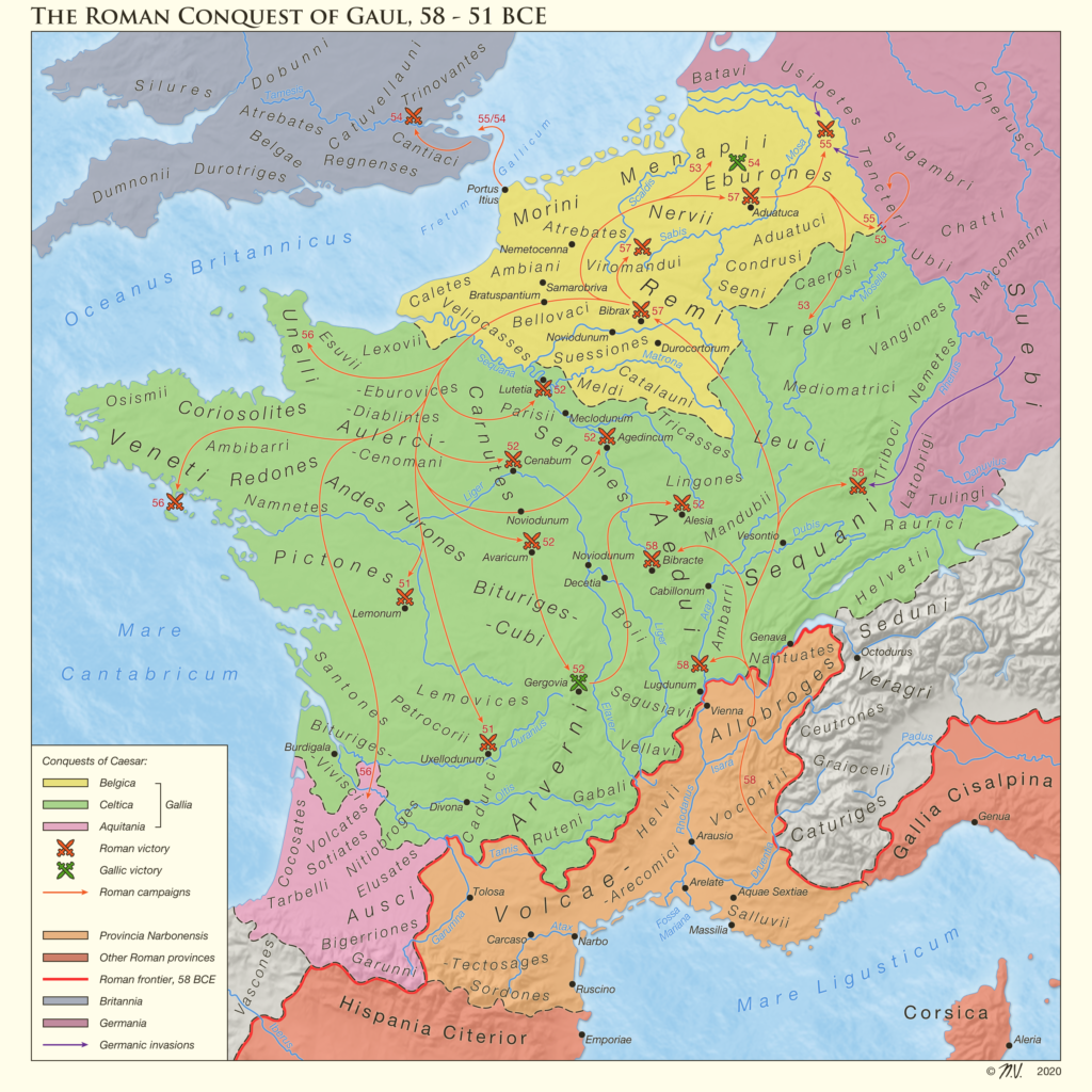 Carte de la conquête romaine de la Gaule 58-51 av. J.-C.
