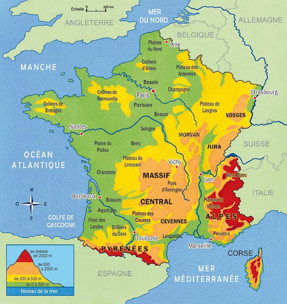 Carte des principaux massifs montagneux de France.