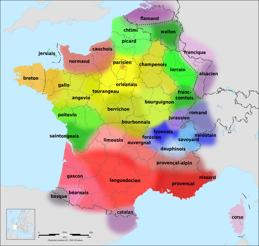 Carte des langues et dialectes de la France.