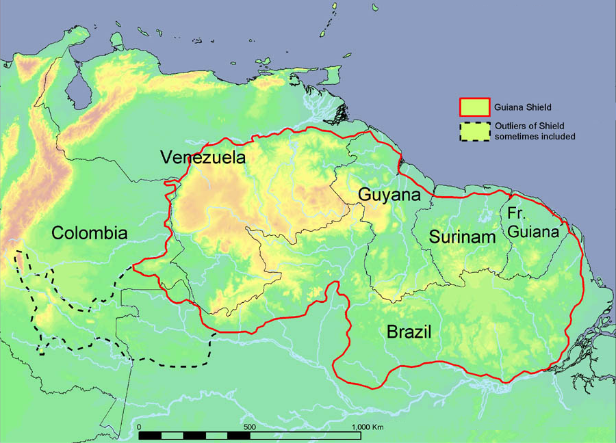 Carte du plateau des Guyanes.