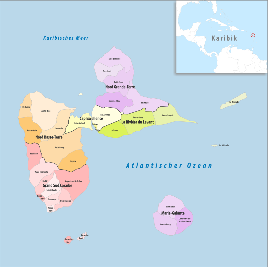 Carte des communes de la Guadeloupe.