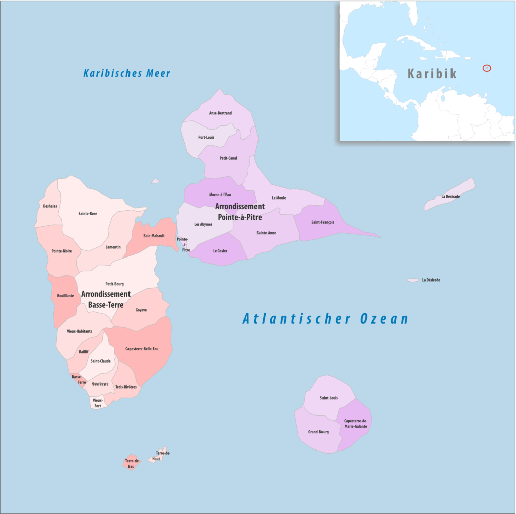Carte des arrondissements de la Guadeloupe.