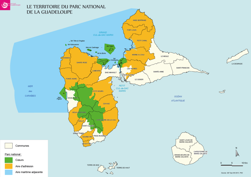 Carte de la réserve de biosphère de l'archipel de la Guadeloupe.