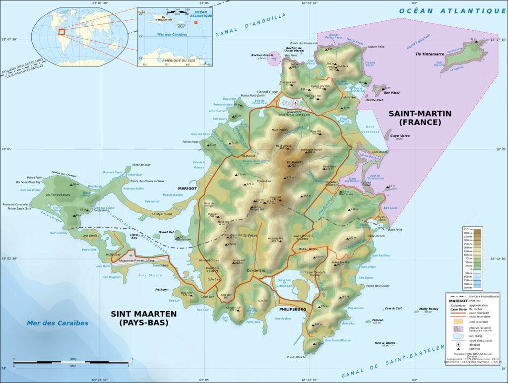 Carte topographique de l'île de Saint-Martin.