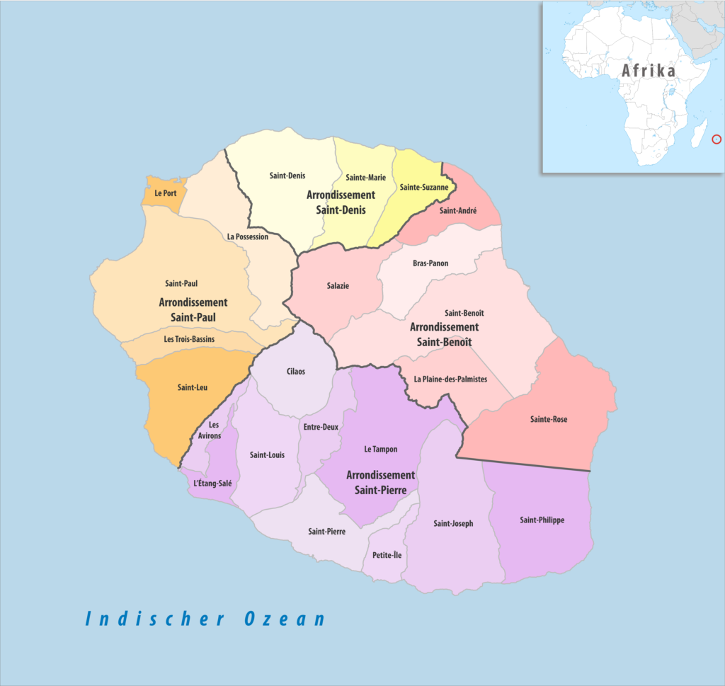 Carte des arrondissements de La Réunion.