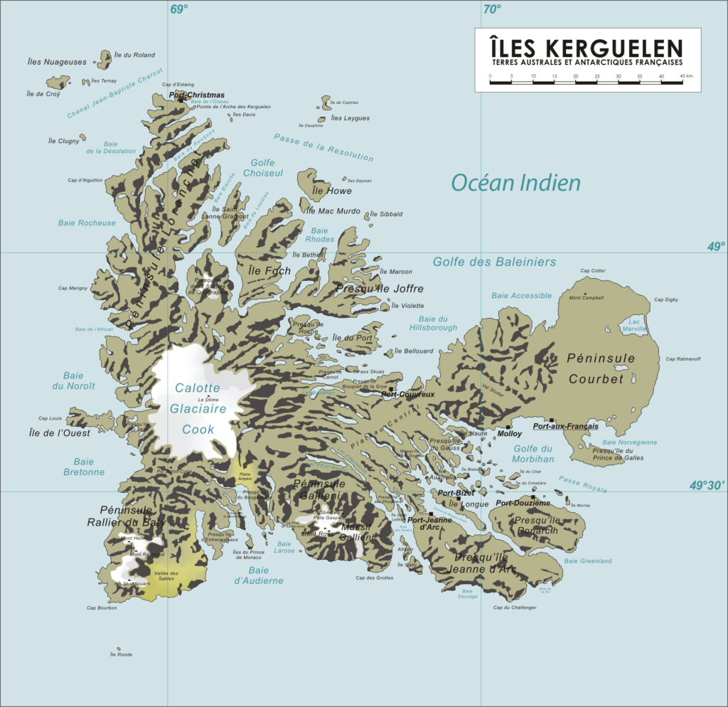 Carte des îles Kerguelen.