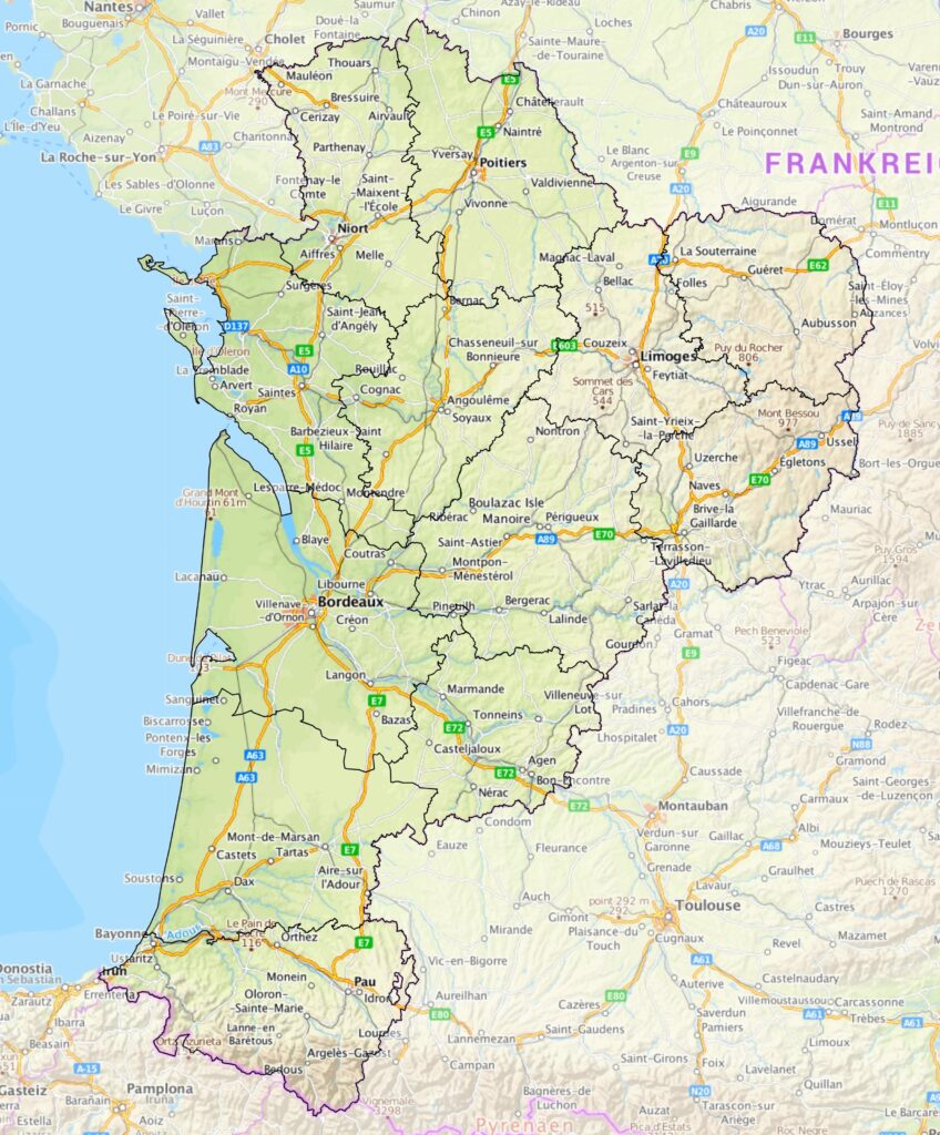 Carte de la Nouvelle-Aquitaine.