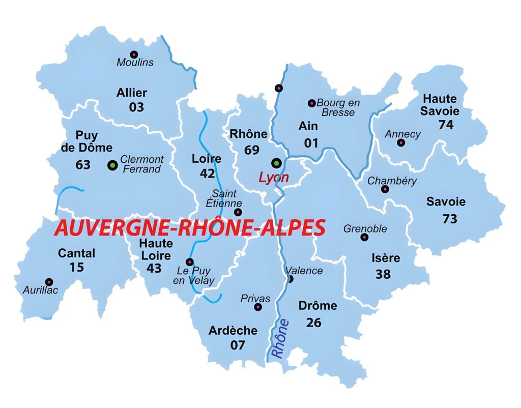 Carte des départements d'Auvergne-Rhône-Alpes.