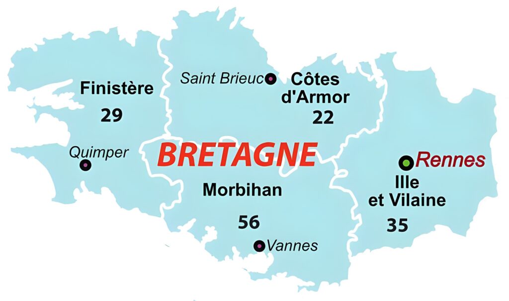 Carte des départements de la région Bretagne.