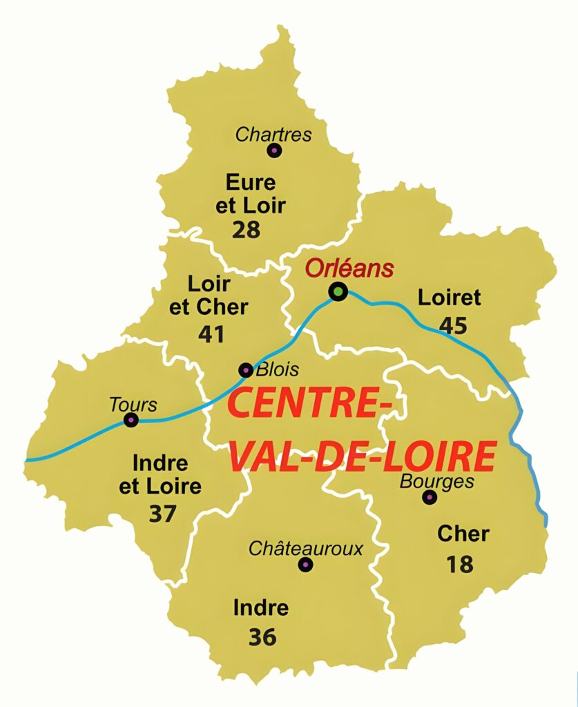 Carte des départements de Centre-Val de Loire.