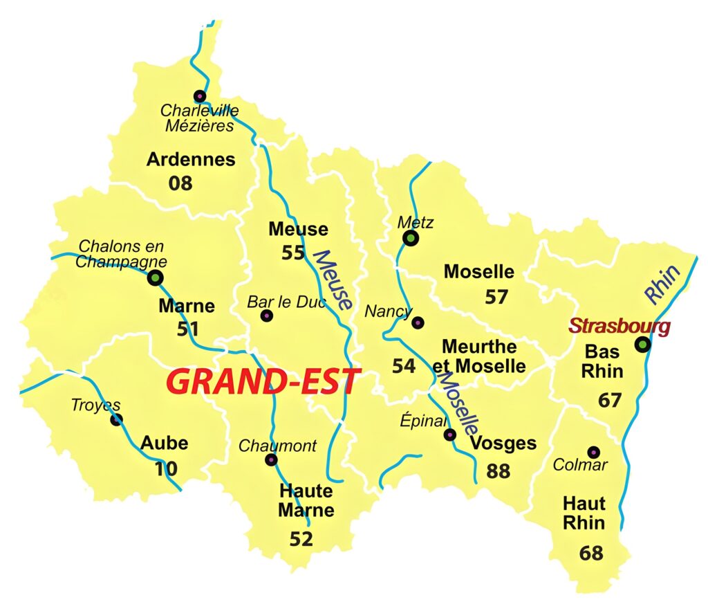 Carte des départements du Grand Est.