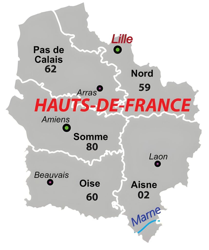 Carte des départements des Hauts-de-France.