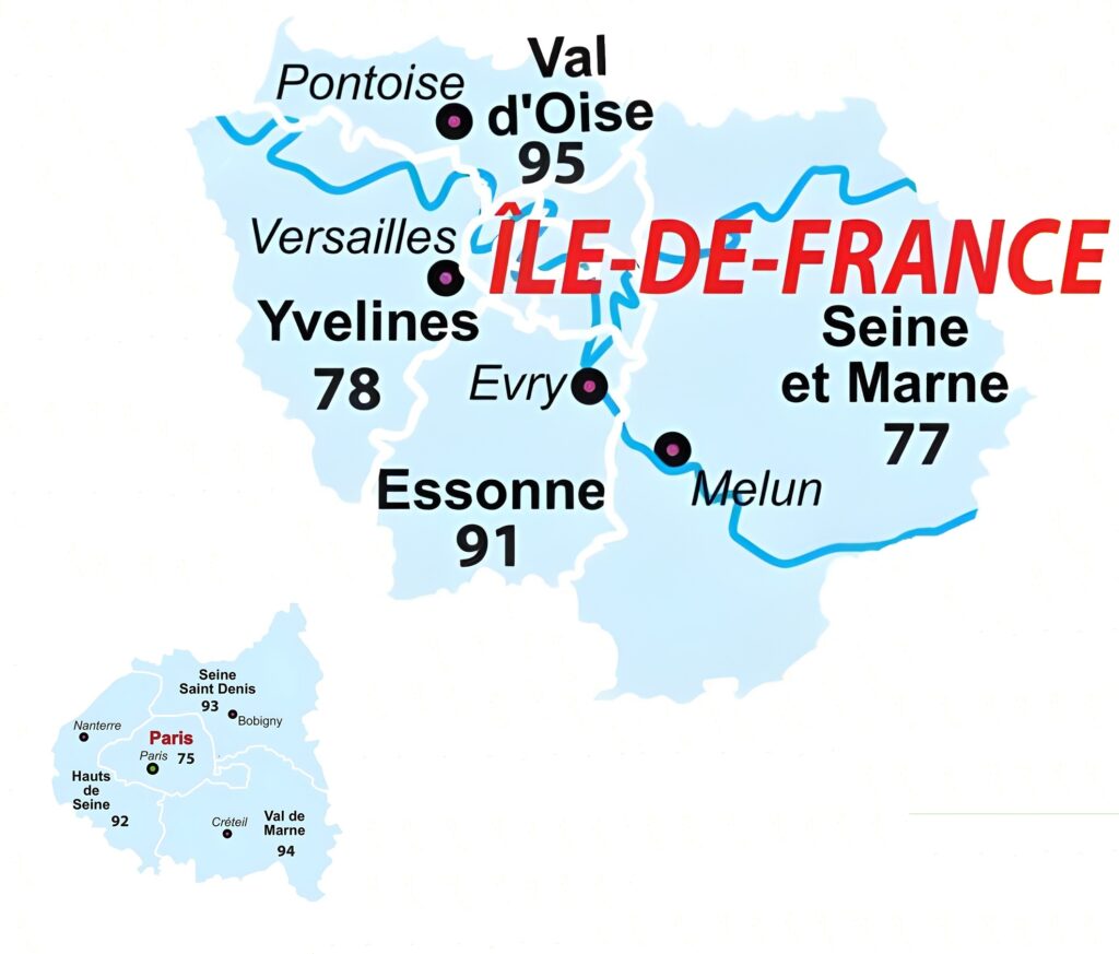 Carte des départements d'Île-de-France.