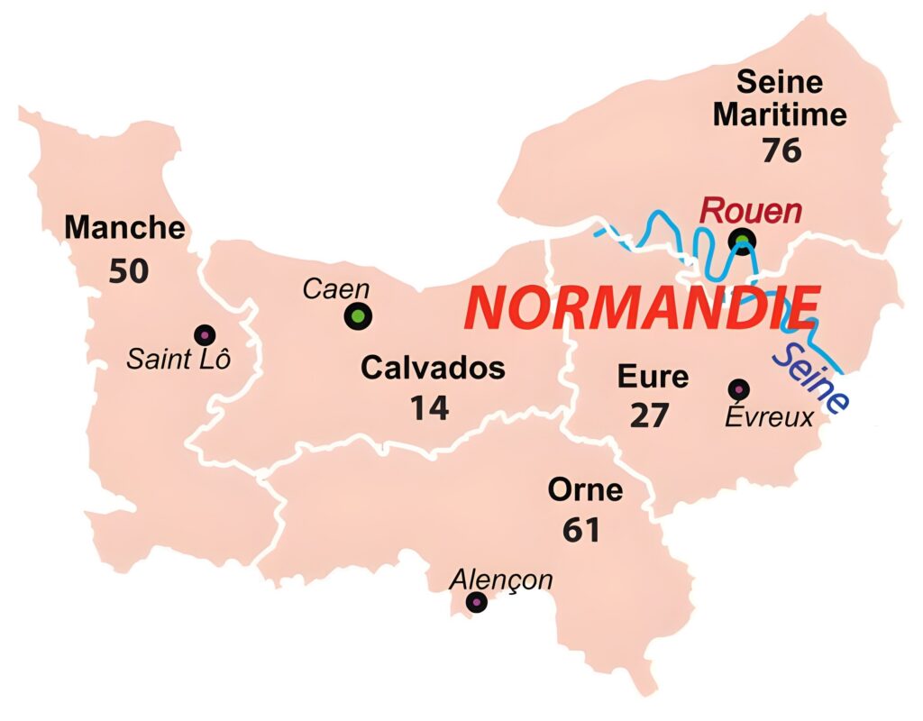 Carte des départements de la région Normandie.