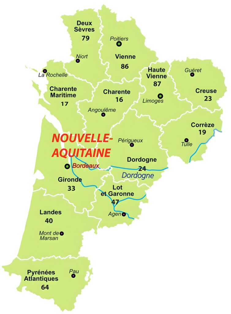 Carte des départements de la Nouvelle-Aquitaine.