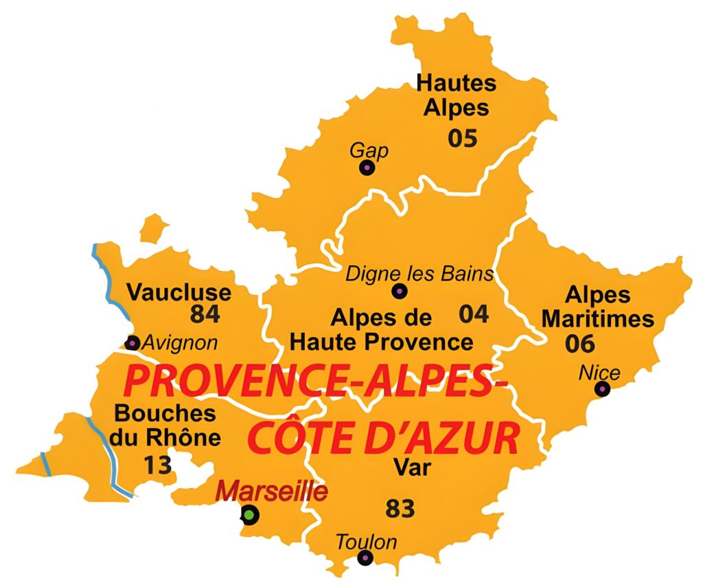 Carte des départements de Provence-Alpes-Côte d'Azur.