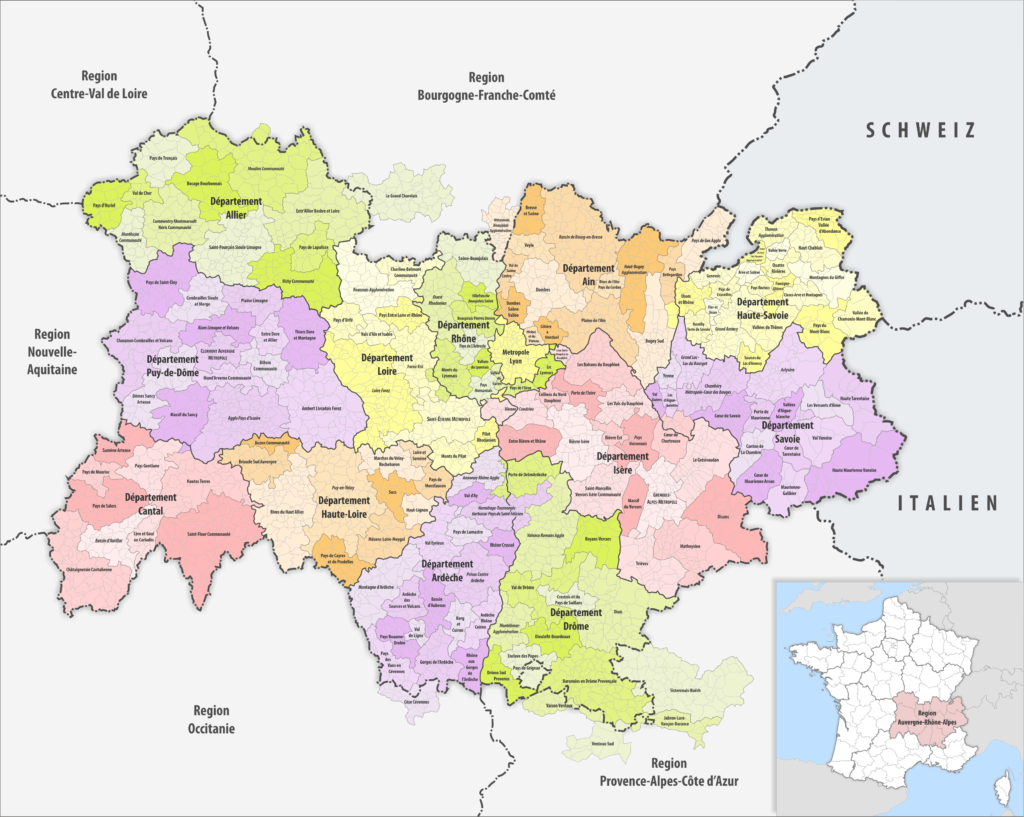 Carte des communes, groupements de communes et départements de la région Auvergne-Rhône-Alpes.