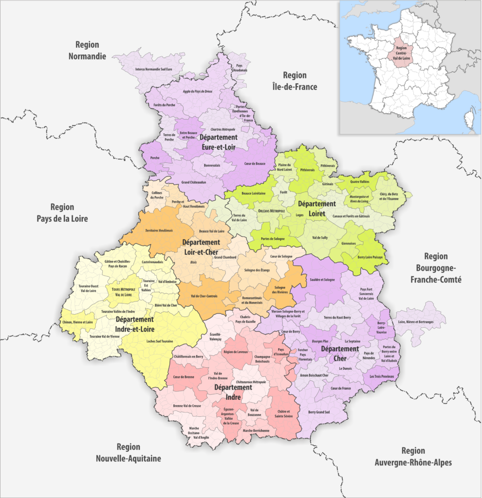 Carte des communes, groupements de communes et départements de la région Centre-Val de Loire.