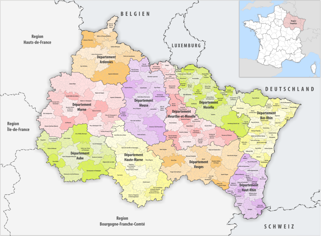 Carte des communes, groupements de communes et départements de la région Grand Est.