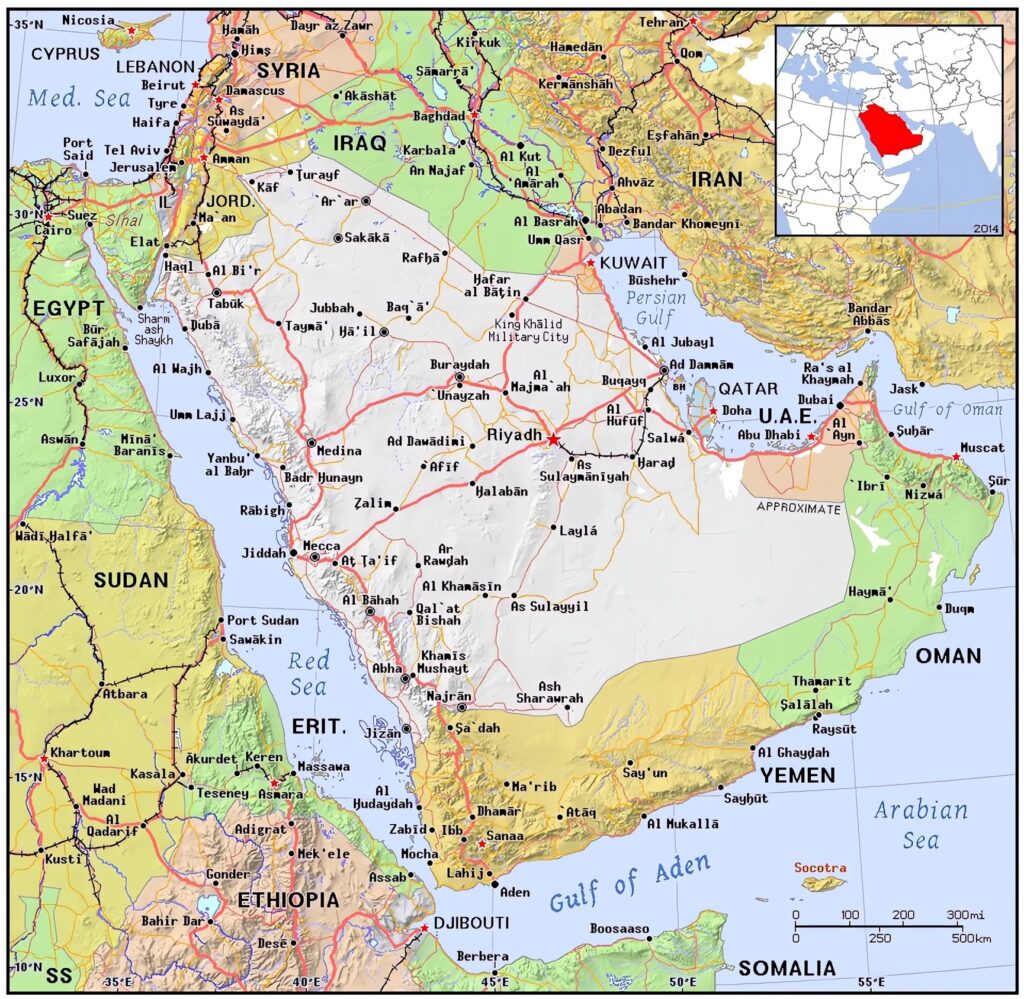 Carte des principales villes d'Arabie saoudite.