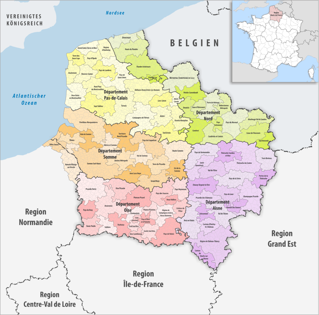 Carte des communes, groupements de communes et départements de la région Hauts-de-France.