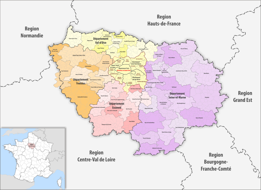 Carte des communes, groupements de communes et départements de la région Île-de-France.