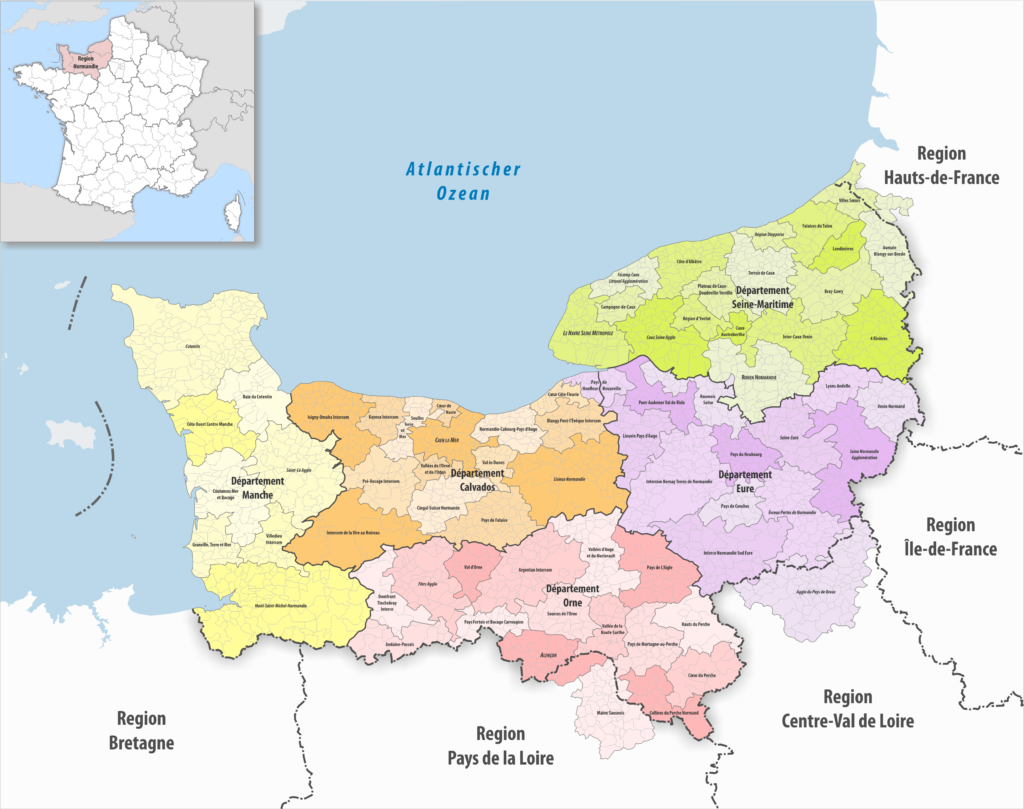 Carte des communes, groupements de communes et départements de la région Normandie.