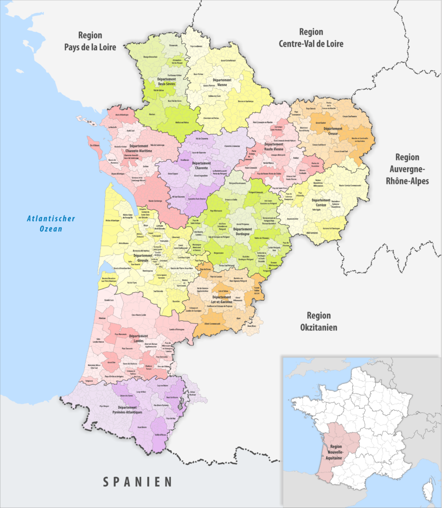 Carte des communes, groupements de communes et départements de la région Nouvelle-Aquitaine.
