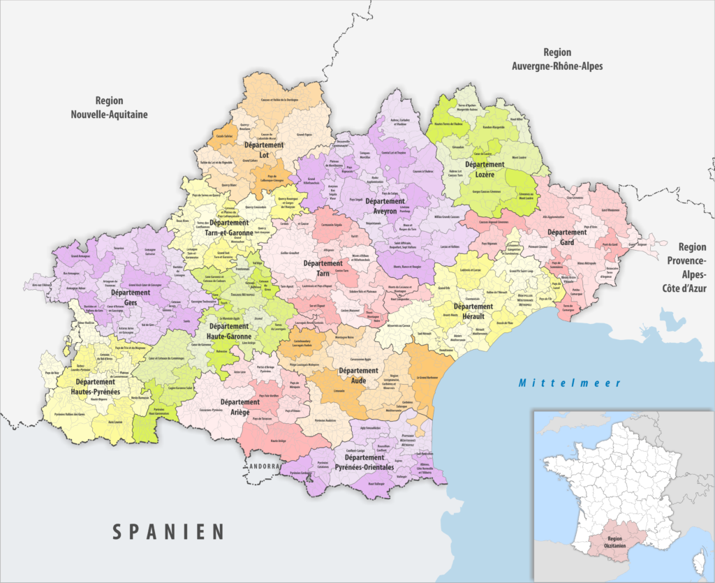 Carte des communes, groupements de communes et départements de la région Occitanie.
