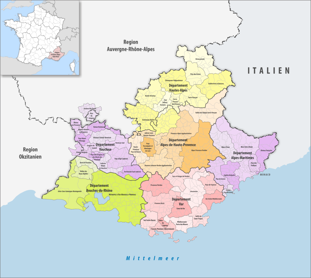Carte des communes, groupements de communes et départements de la région Provence-Alpes-Côte d'Azur.