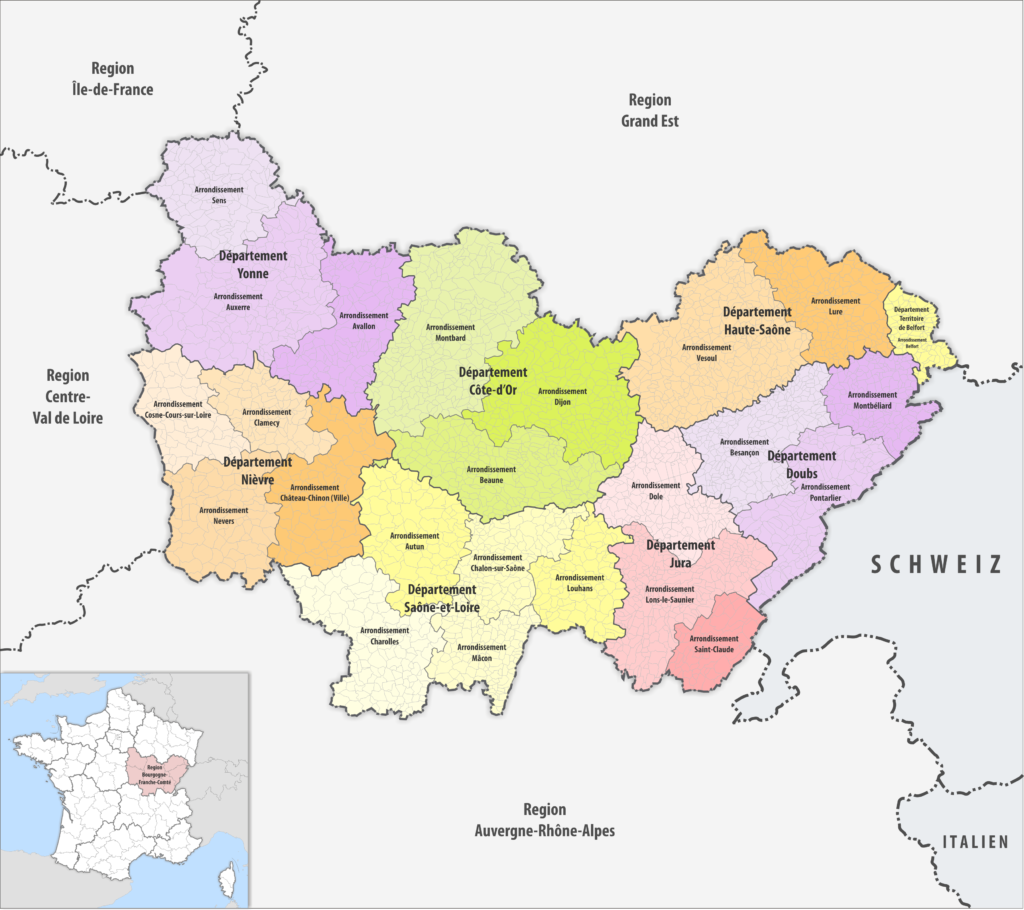 Carte des arrondissements de la région Bourgogne-Franche-Comté