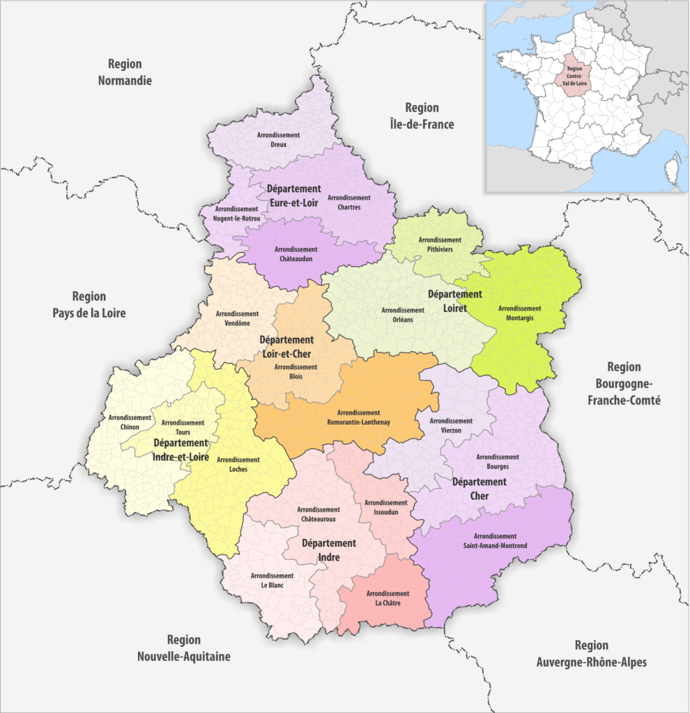 Carte des arrondissements de la région Centre-Val de Loire.
