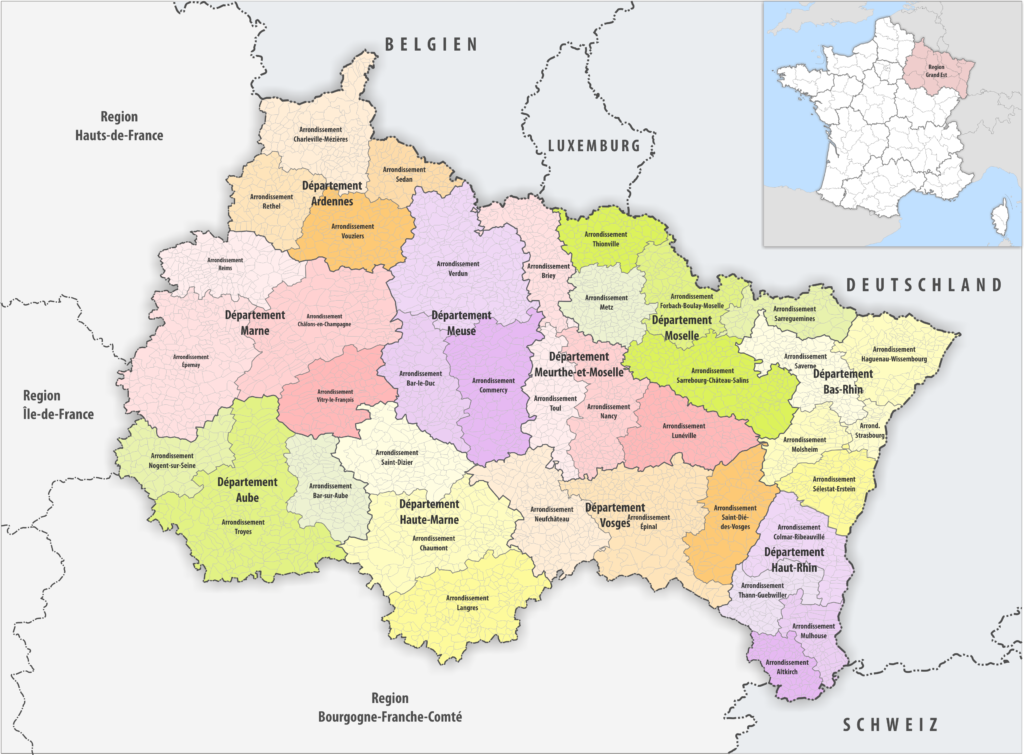 Carte des arrondissements de la région Grand Est.