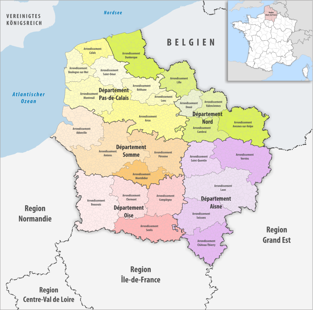Carte des arrondissements de la région Hauts-de-France.
