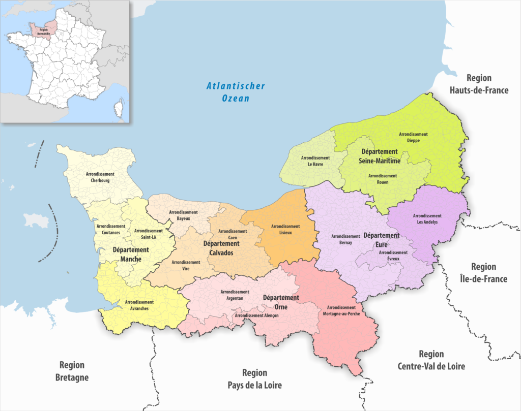 Carte des arrondissements de la région Normandie.