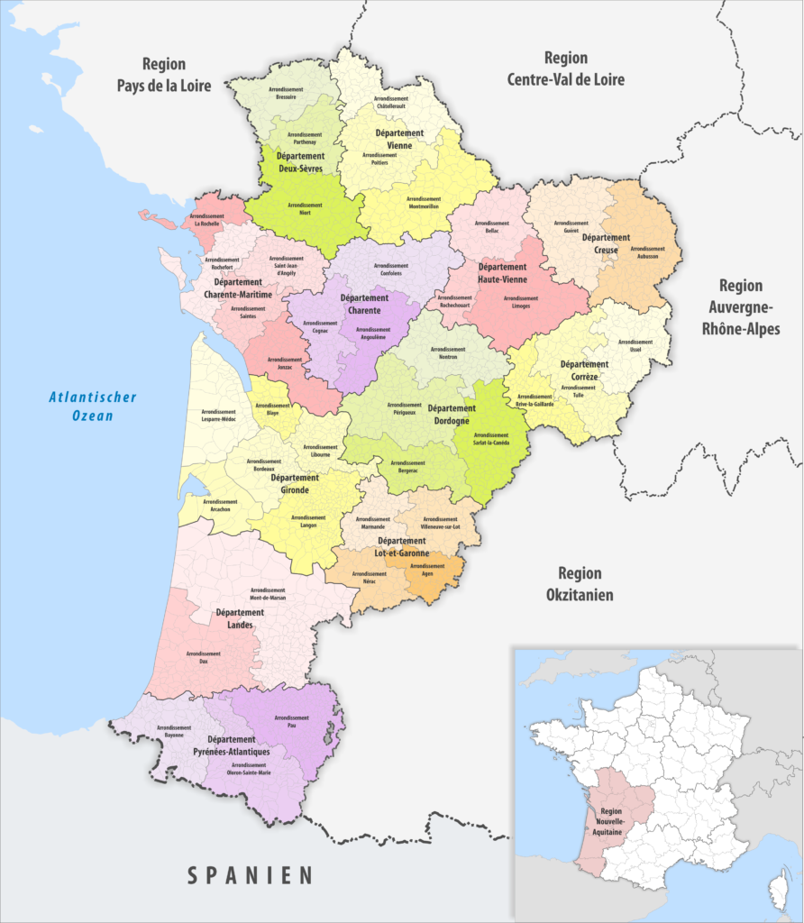Carte des arrondissements de la région Nouvelle-Aquitaine.