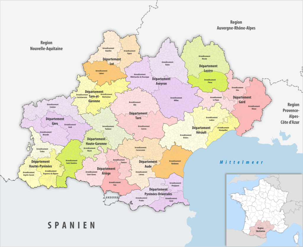 Carte des arrondissements de la région Occitanie.