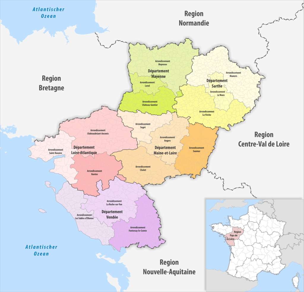 Carte des arrondissements de la région Pays de la Loire.