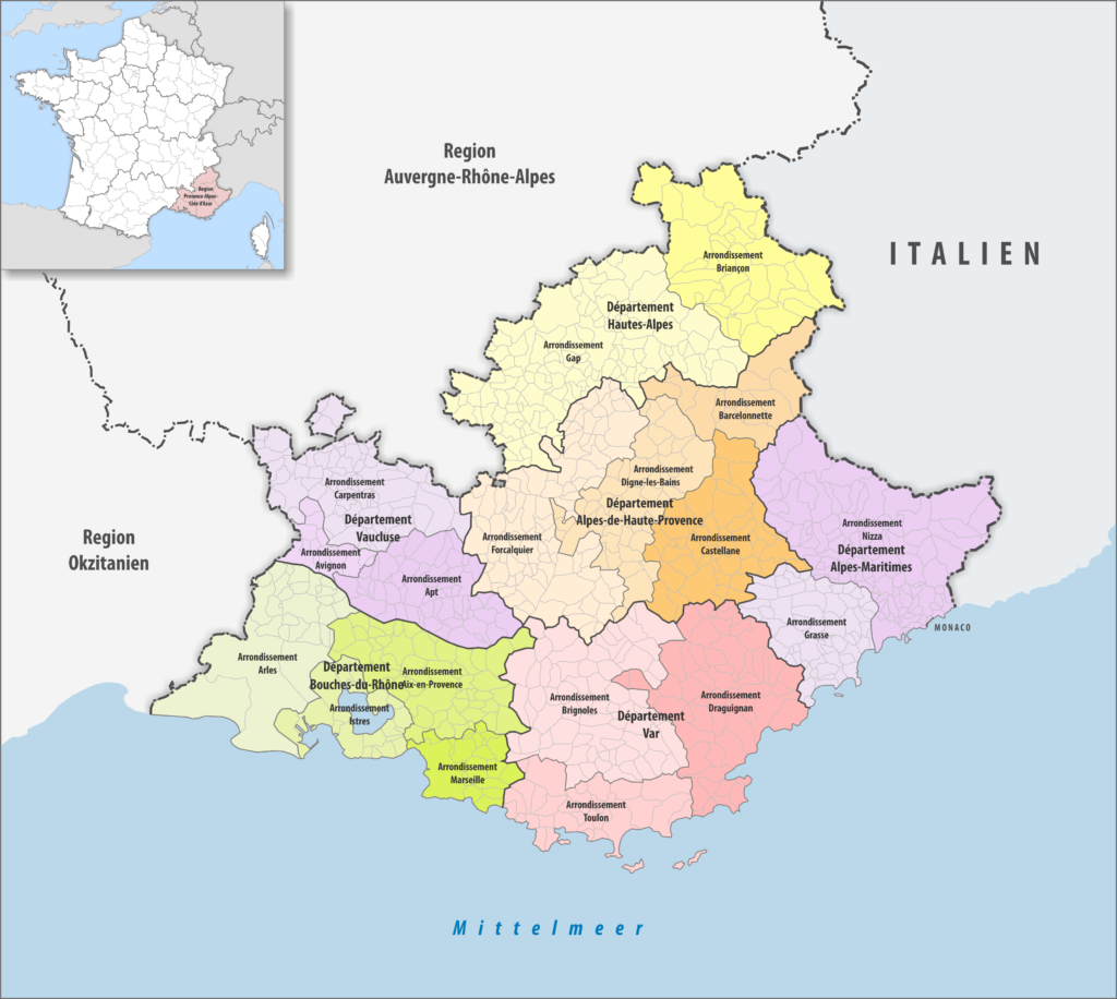 Carte des arrondissements de la région Provence-Alpes-Côte d'Azur.
