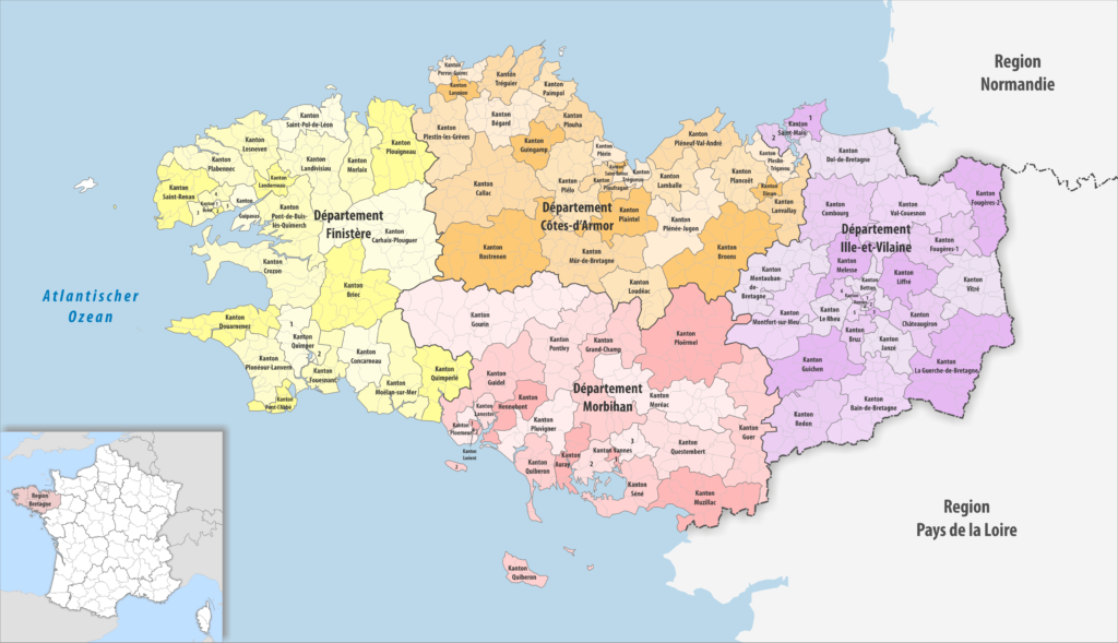 Carte des cantons de la région Bretagne.