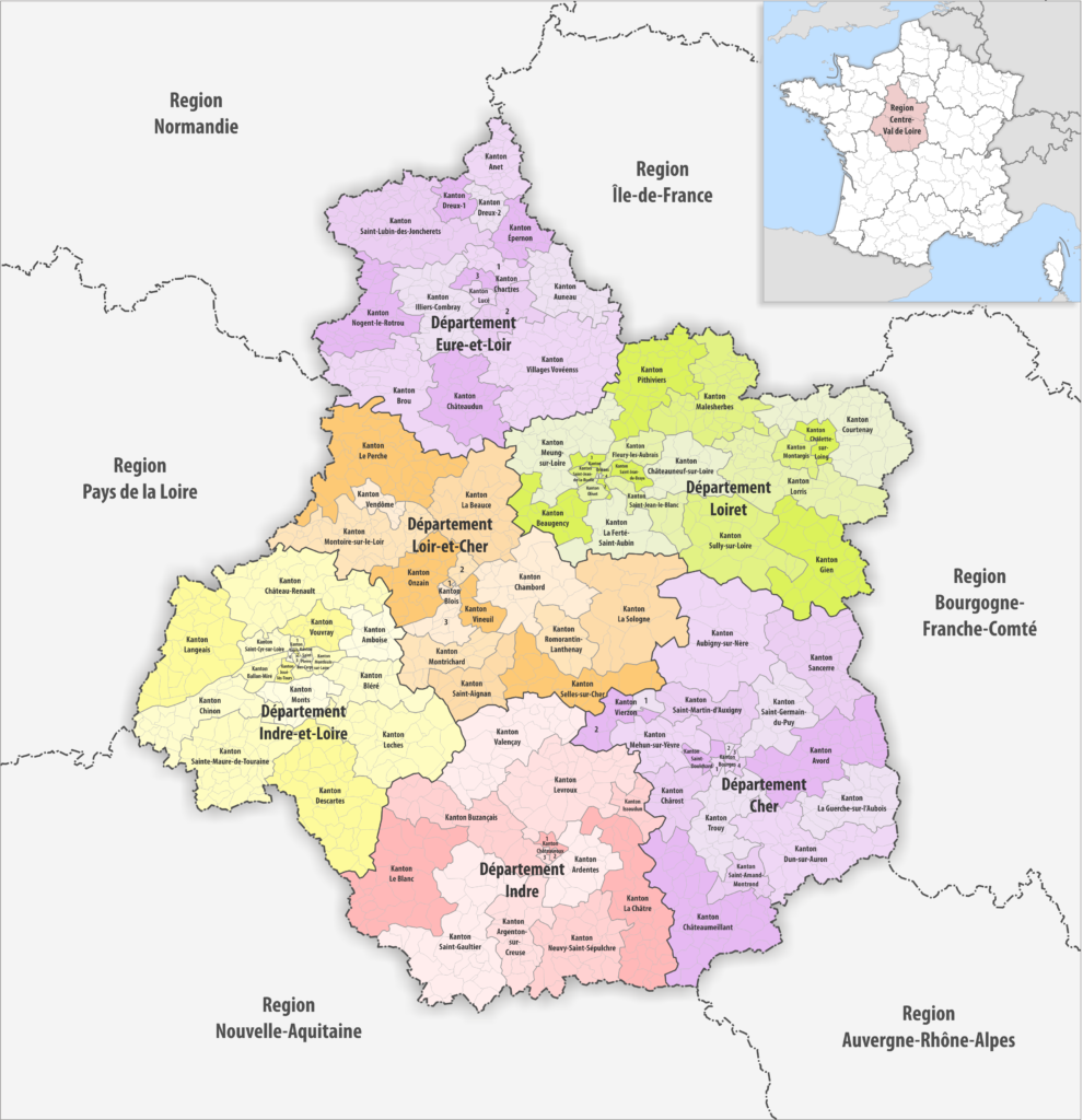 Carte des cantons de la région Centre-Val de Loire.