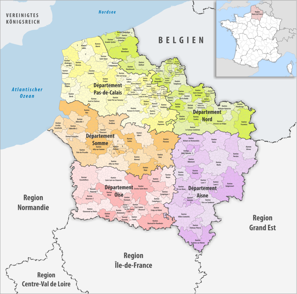 Carte des cantons de la région Hauts-de-France.