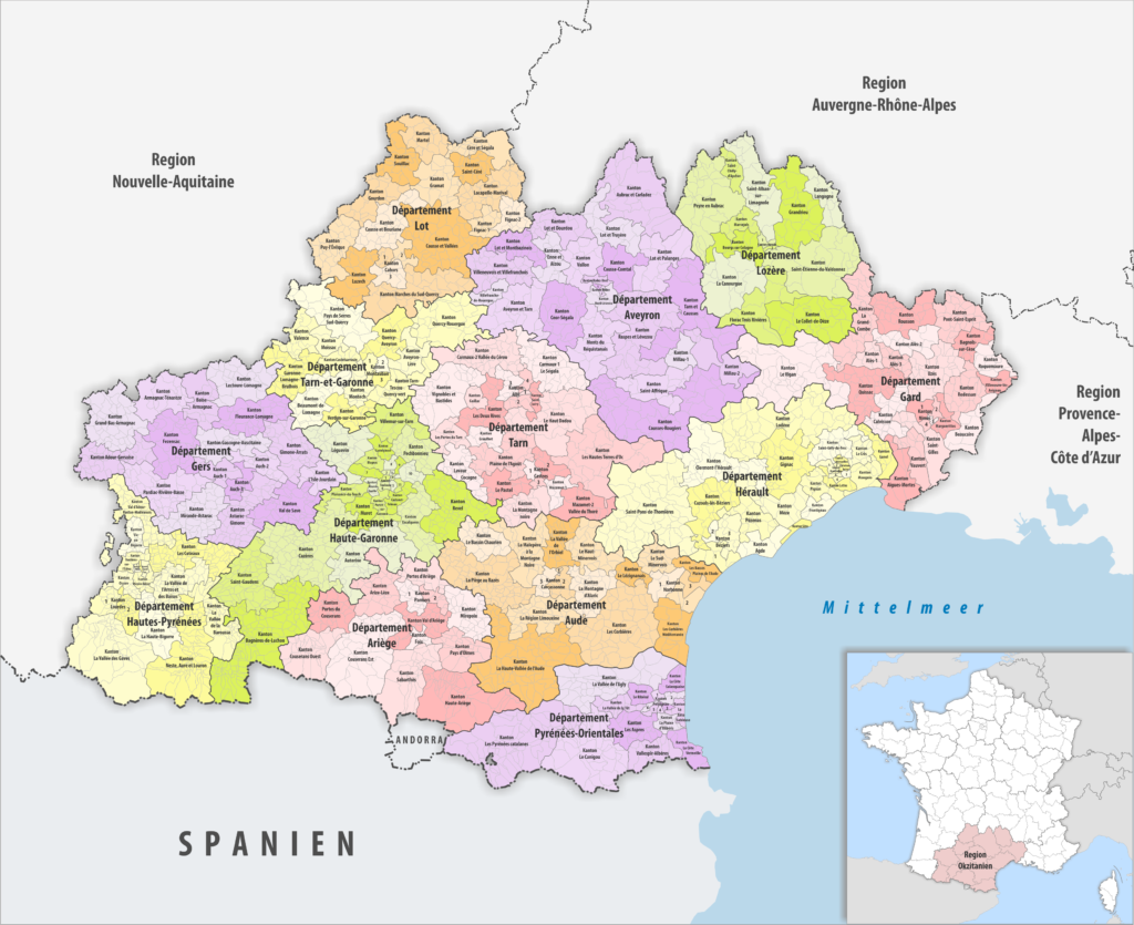 Carte des cantons de la région Occitanie.