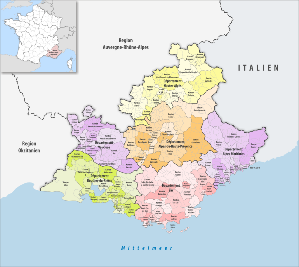 Carte des cantons de la région Provence-Alpes-Côte d'Azur.