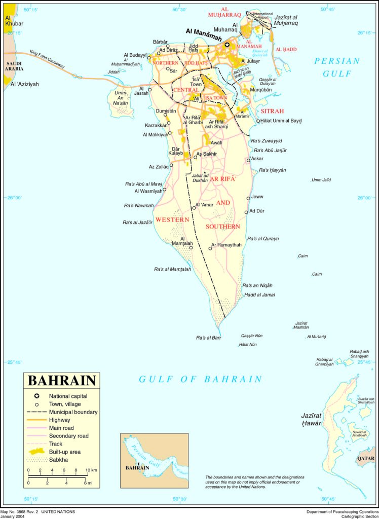 Carte des principales villes de Bahreïn.