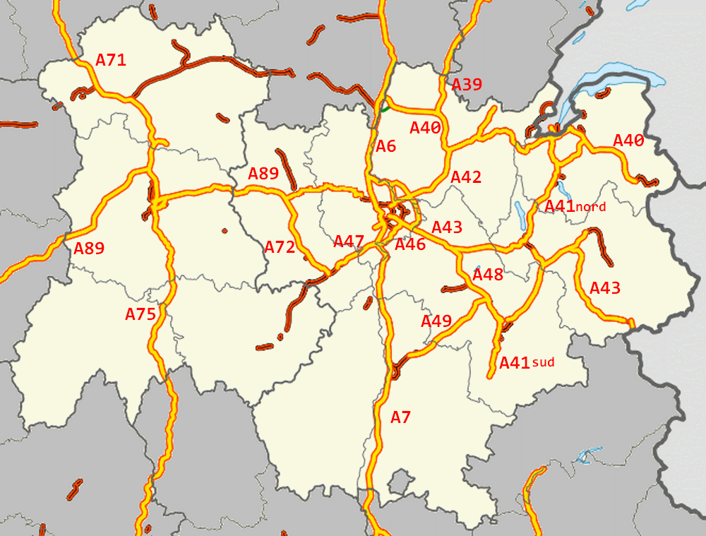 Carte du réseau autoroutier d'Auvergne-Rhône-Alpes.