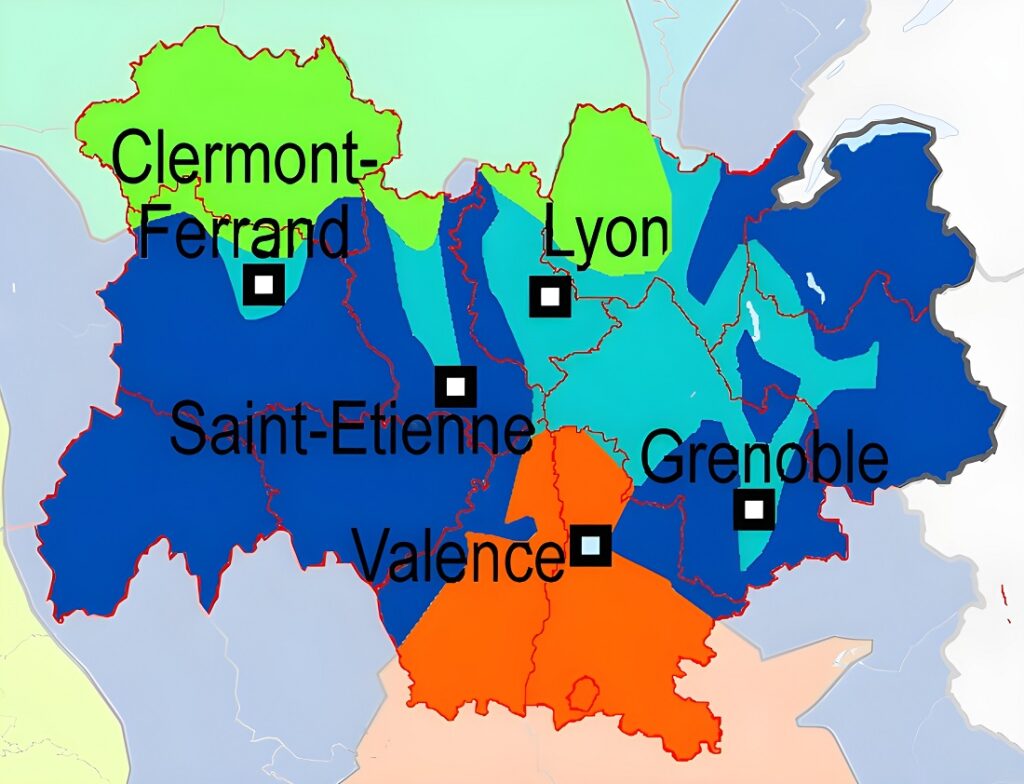 Carte climatique de la région Auvergne-Rhône-Alpes.